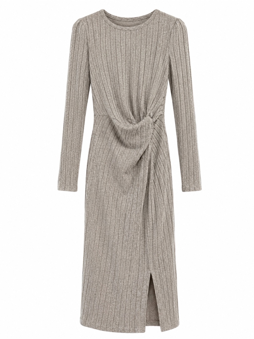 SHEIN Taupe Ribbed Midi Dress with Side Knot